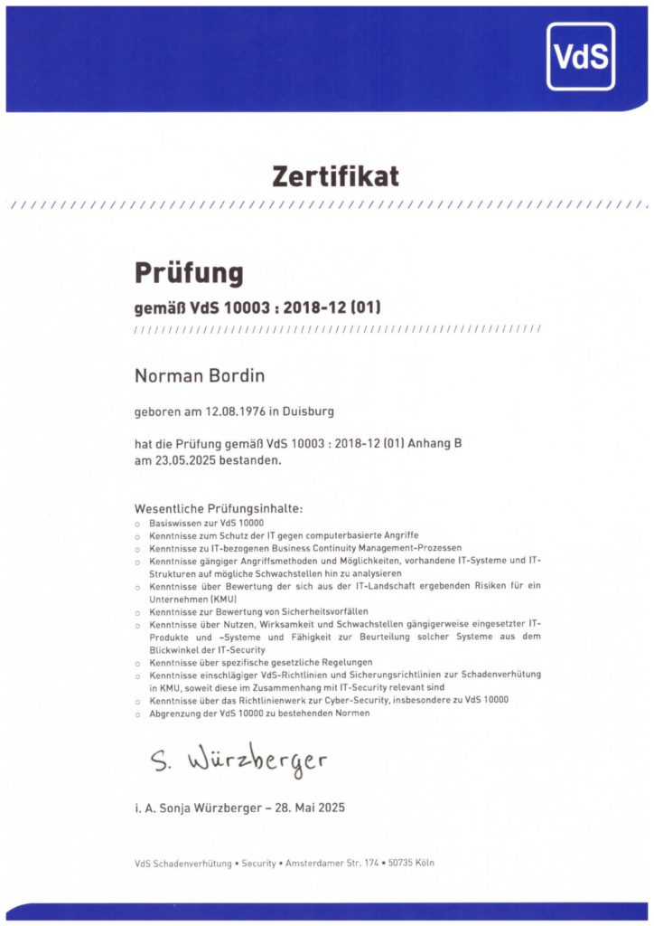 Zertifikat zur bestandenen VdS 10003 Prüfung von Norman Bordin am 23.05.2025